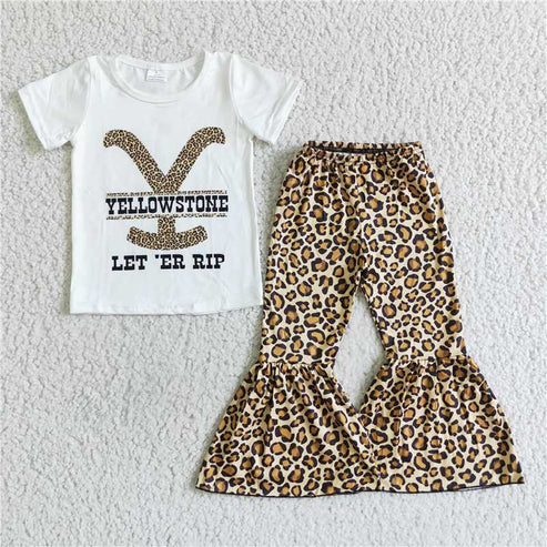 4.22 RTS NO MOQ E7-26 Kids Clothing Girls Short Sleeve Top And Long Pants Leopard Print