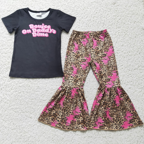 4.14 RTS NO MOQ E4-16 boujee letter black short-sleeved top leopard print flared pants set