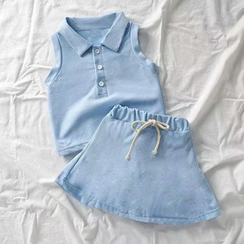 4.12 GSD2389 Baby Girls Blue Sleeveless Button Top Skort Yoga Set Preorder