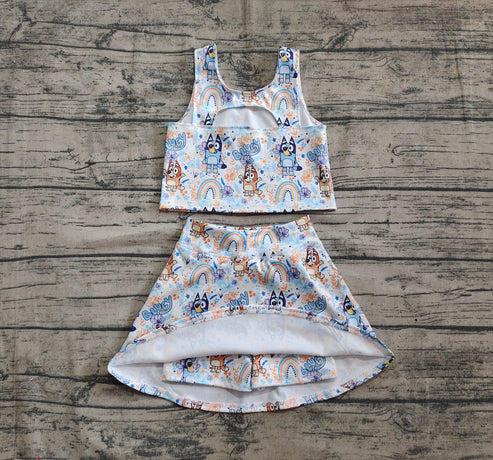 4.21 GSD2469 Baby Girls Sleeveless Cartoon Dogs Rainbows Top Skort Yoga Set Preorder