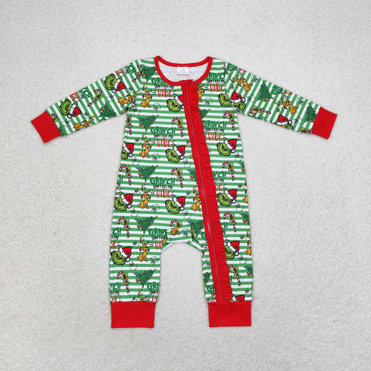 3.31 bamboo rts no moq LR1054 Grinch puppy Christmas tree green stripes red lace zipper long-sleeved jumpsuit