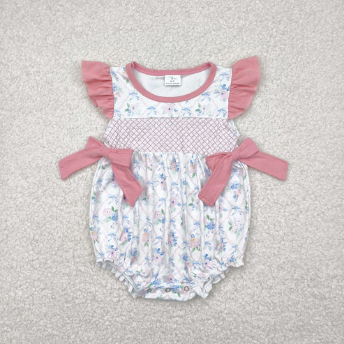 5.3 SR2923 Embroidery Baby Infant Girls Pink Flutter Sleeves Floral Bows Top Ruffle Romper