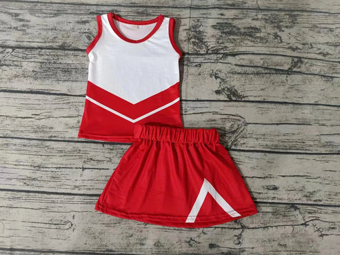 5.5 Baby Girls Red Team Cheer Sleeveless Tee Shirt Skirts Clothes Preorder(moq 3)