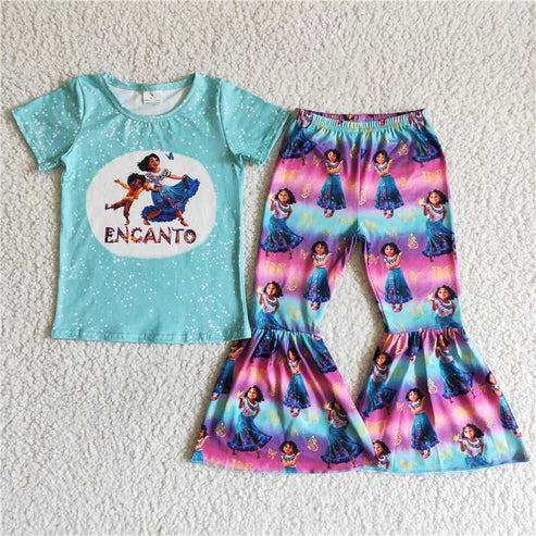 4.23 rts no moq C0-30 Dancing Girl Blue Short Sleeve Flared Pants Suit