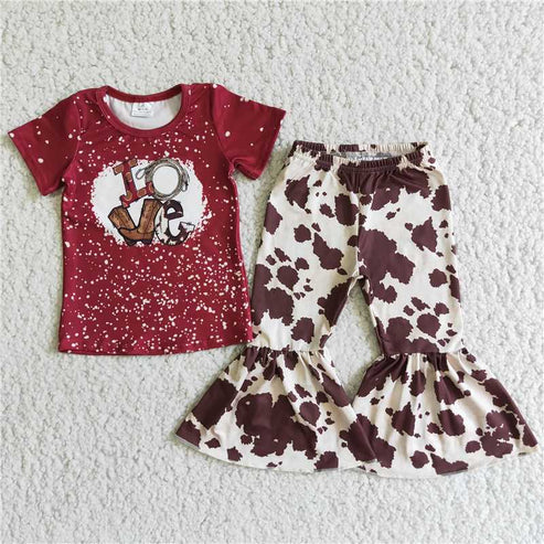 4.14 RTS NO MOQ E2-3 LOVE Red Short Sleeve Top Cow Spot Flared Pants Set