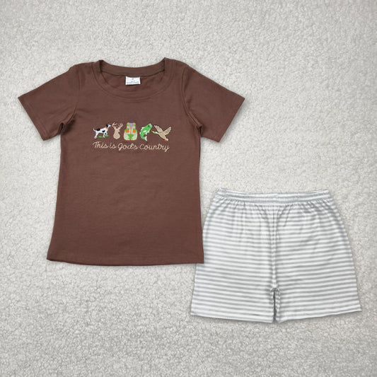 4.18 BSSO1410 Embroidery Baby Boys Brown Gods Country Top Stripe Shorts Set