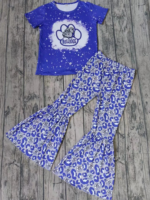 5.7 Baby Girls Blue Bulldogs Teams Top Leopard Bell Pants Clothes Sets Preorder(moq 3)