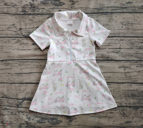 4.17 GSD2410 Baby Girls Short Sleeves Pink Flowers Golf Zipper Knee Length Dresses Preorder