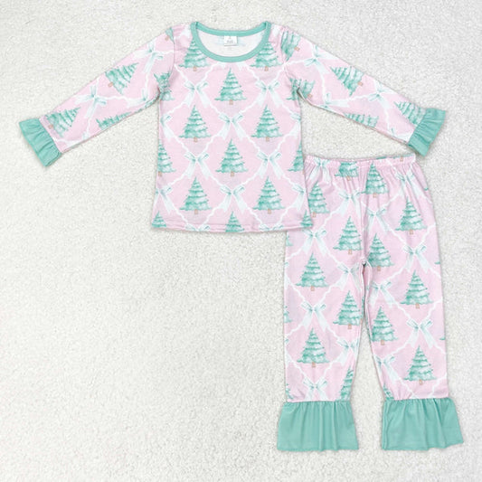4.8 Bamboo rts no moq GLP1242 Modal Christmas tree bow green lace pink long-sleeved trousers pajama set