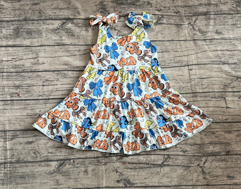 4.19 GSD2462 Baby Girls Strap Colorful Cartoon Fishes Bows Knee Length Dresses Preorder
