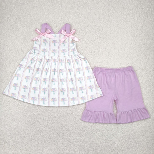 4.12 GSSO2430 Baby Girls Hot Pink Strap Floral Stripe Tunic Ruffle Short Set