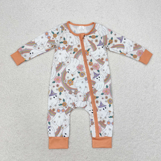 3.31  bamboo rts no moq LR0980 Modal rainbow ghost flower orange zipper long-sleeved jumpsuit
