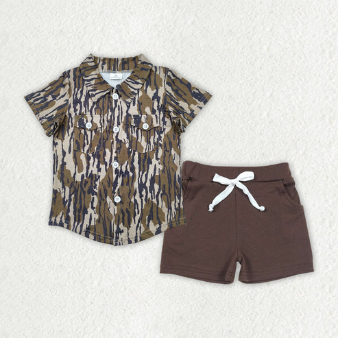 4.19 BT1201+SS0134 Baby Boys Bottomland Camo Button Pockets Shirts Top Brown Cotton Shorts Sets