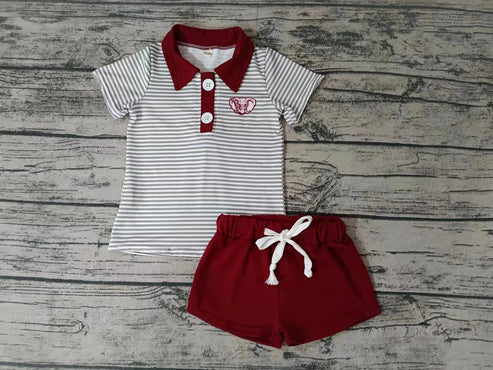 5.7 Baby Boys Dark Red Stripes Elephant Team Short Sleeve Tee Shirt Shorts Clothes Sets preorder(moq 3)