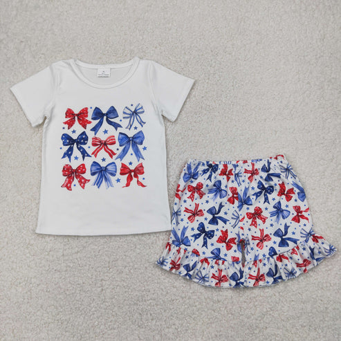 4.9 GSSO2512 Baby Girls Blue Red Bows Stars Top Ruffle Short 4th Of July Set