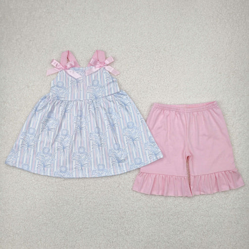 4.12 GSSO2429 Baby Girls Pink Strap Floral Stripe Tunic Ruffle Short Set