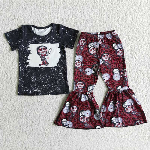 4.23 rts no moq E2-17 Halloween Black Short Sleeve Brown Flared Pants Set