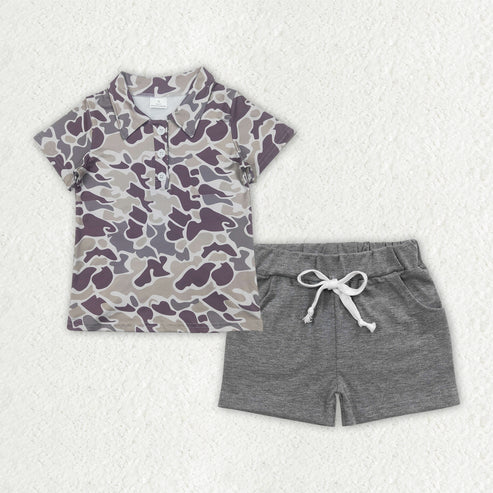 4.12 BT1211+SS0133 Baby Boys Grey Camouflage Button Pullover Top Pockets Shorts Set
