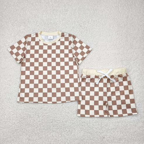 4.19  BSSO1422 Baby Boys Khaki Plaid Short Sleeves Top Short Pajamas Set