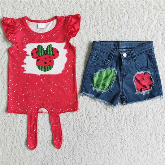 4.4 D12-3 Watermelon Mickey denim shorts set