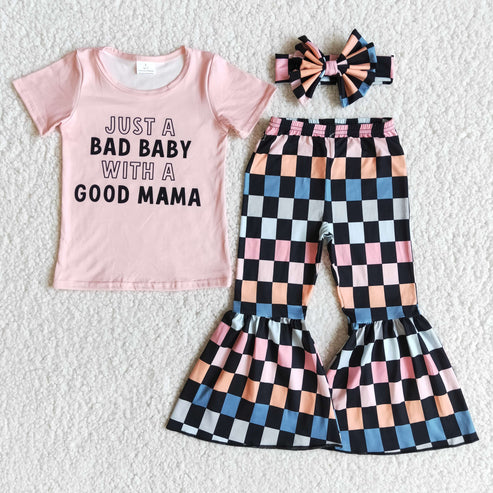 4.22 RTS NO MOQ E8-28 BAD BABY pink short-sleeved plaid flared pants
