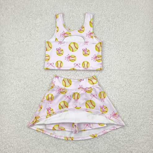 4.25 GSD2045 Baby Girls Softball Bows Athletic Active Wear Top Shorts Skirts Clothes Set