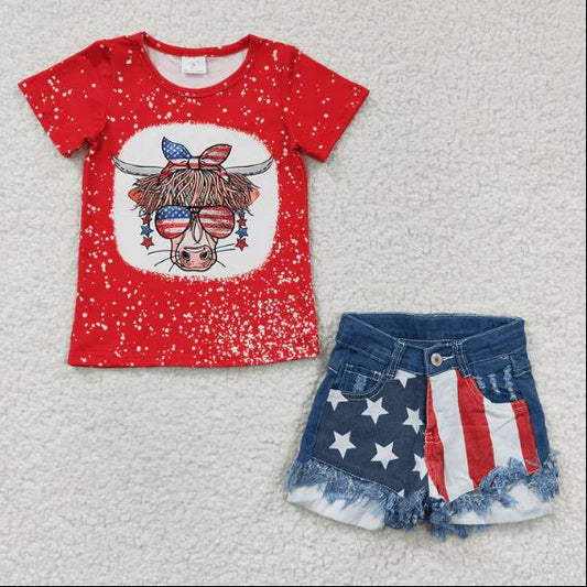 6.16 GSSO0757 Girls Western 4th Of July Cow Denim Star Shorts Set