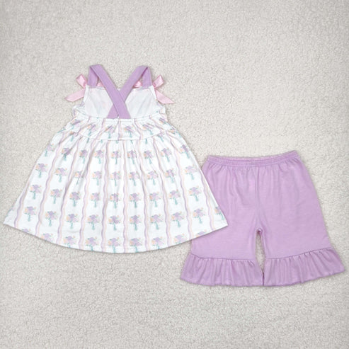 4.12 GSSO2430 Baby Girls Hot Pink Strap Floral Stripe Tunic Ruffle Short Set