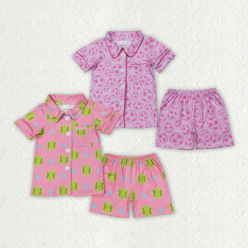 4.19 Sibling Baby Girls Pink Sports Buttons Top Shorts Pajamas Outfits