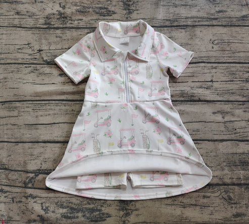 4.17   GSD2410 Baby Girls Short Sleeves Pink Flowers Golf Zipper Knee Length Dresses Preorder