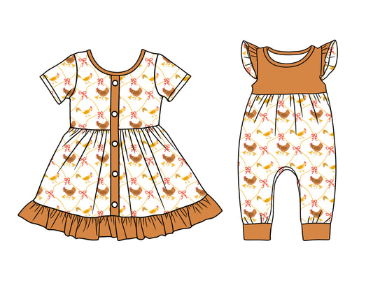26.1.7 Custom MOQ:3 or 5 pcs each design milk silk Sibling baby girl clothes bow short sleeve dress and romper