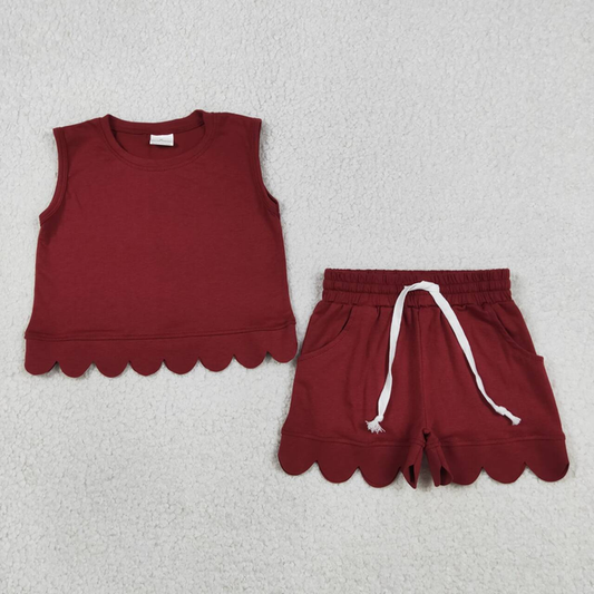 GSSO3734 Kids Baby Girls Maroon Sleeveless Top Pockets Short Scallop Cotton Clothes Set