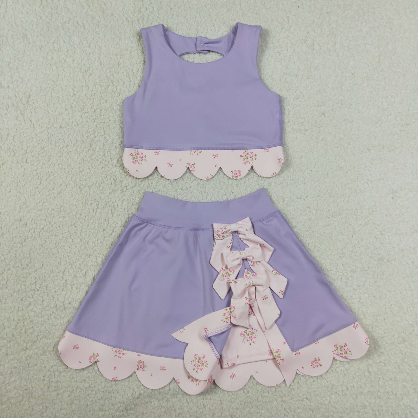 GSD3323 Kids Baby Girls Lavender Sleeveless Vest Bows Skirt Shorts Yoga Active Scallop Clothes Sets