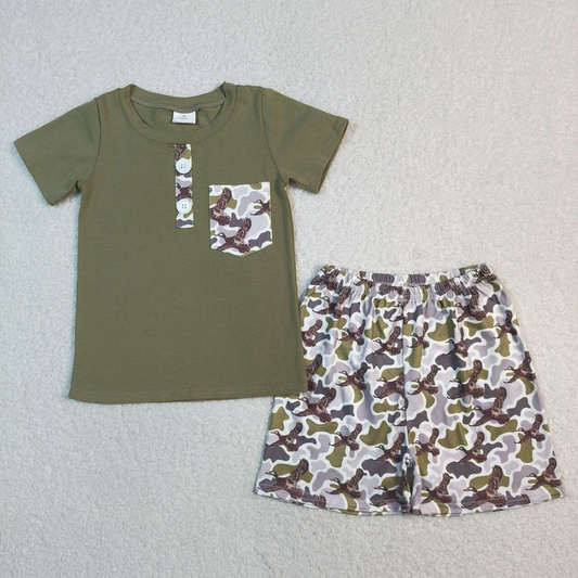 BSSO1856 Kids Baby Boys Olive Button Pocket Top Ducks Camo Shorts Hunting Clothes Sets