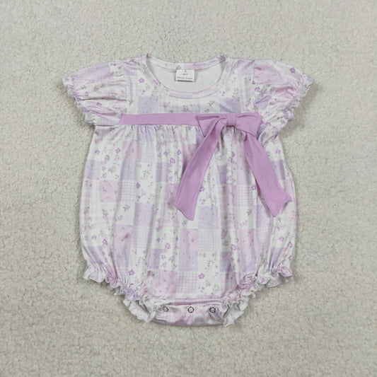 SR3730 Newborn Baby Girl Short Sleeve Flowers Checked Bow Top Ruffle Rompers