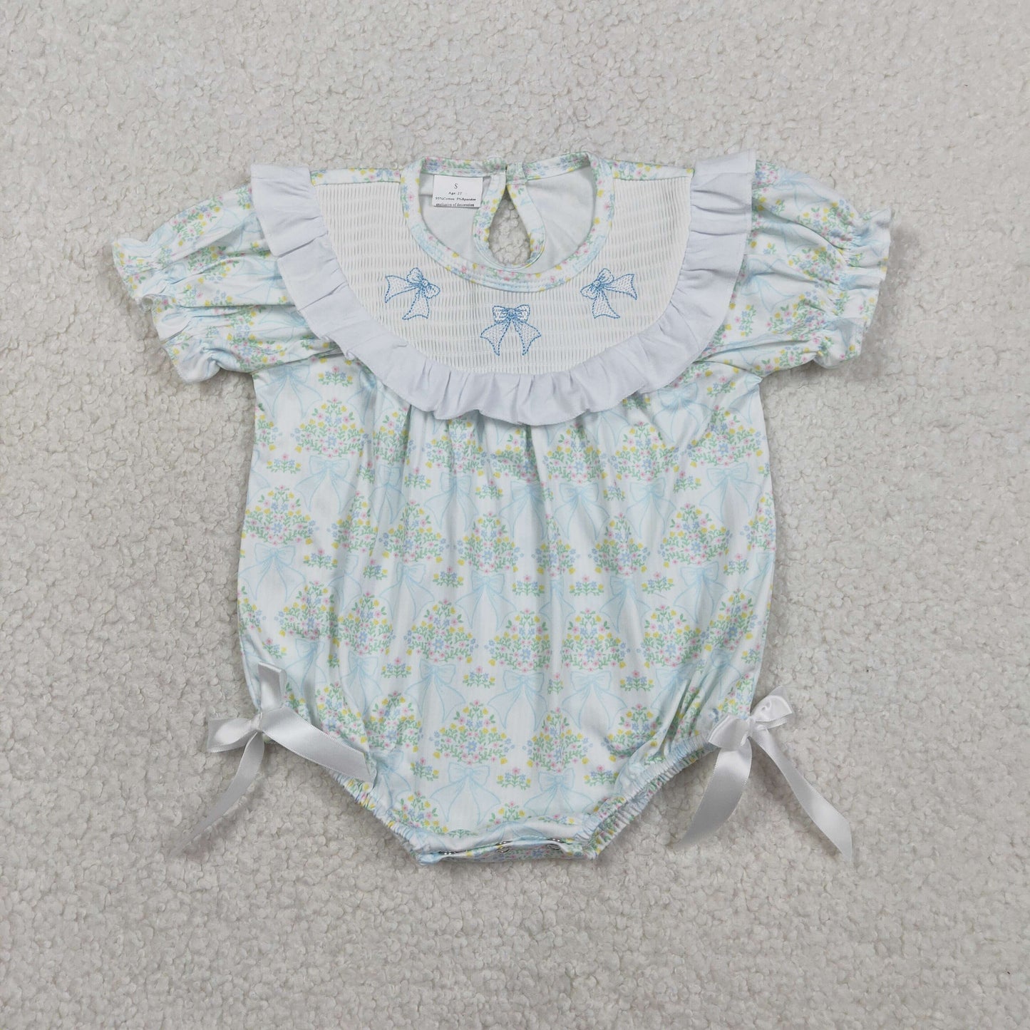 SR3487 Newborn Baby Girl Smocked Bows Flowers Checked Ruffle Rompers