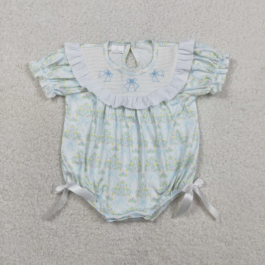 SR3487 Newborn Baby Girl Smocked Bows Flowers Checked Ruffle Rompers