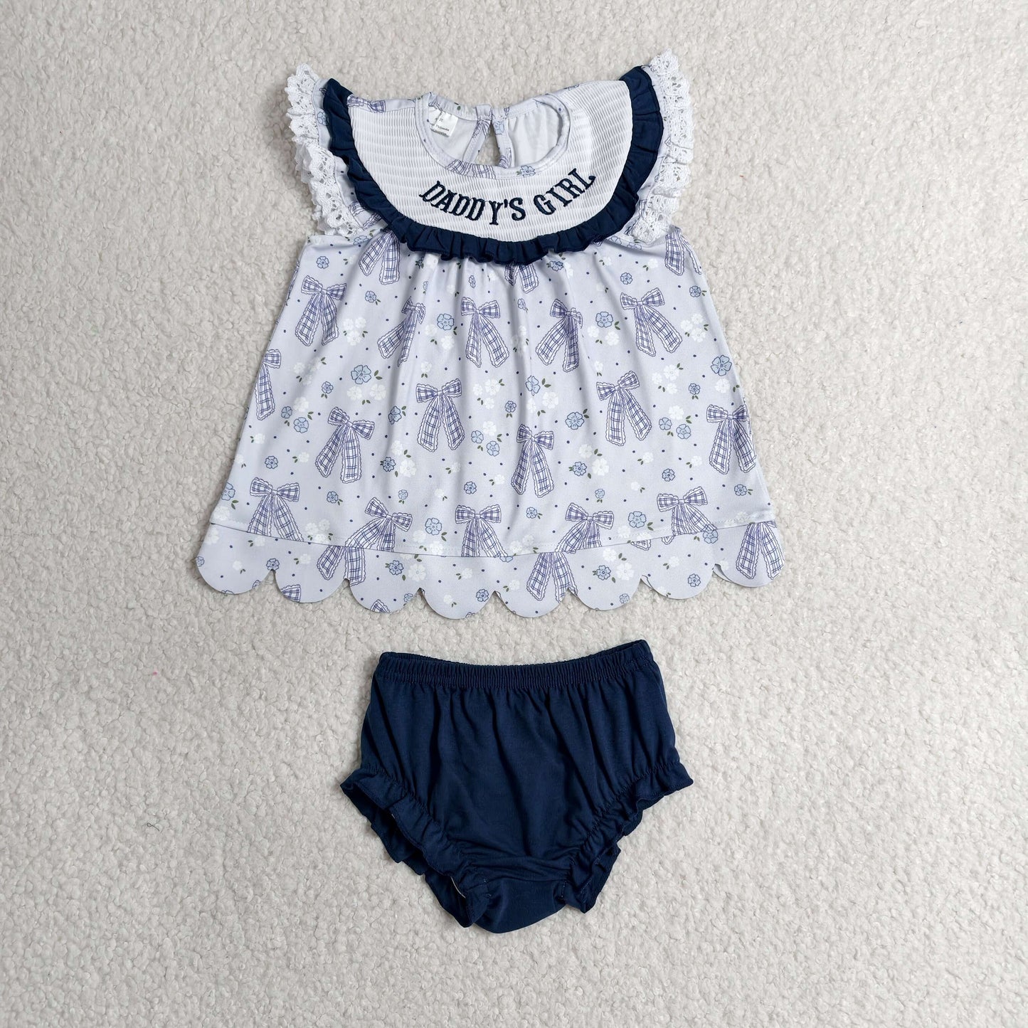 GBO0519 Kids Smocked Daddy's Girl Flowers Bows Tunic Bummies Clothes Sets