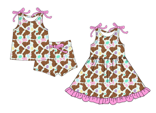 26.1.5 Custom MOQ:3 or 5 pcs each design milk silk Sibling baby girl clothes easter bow short sleeve shorts sets and dress