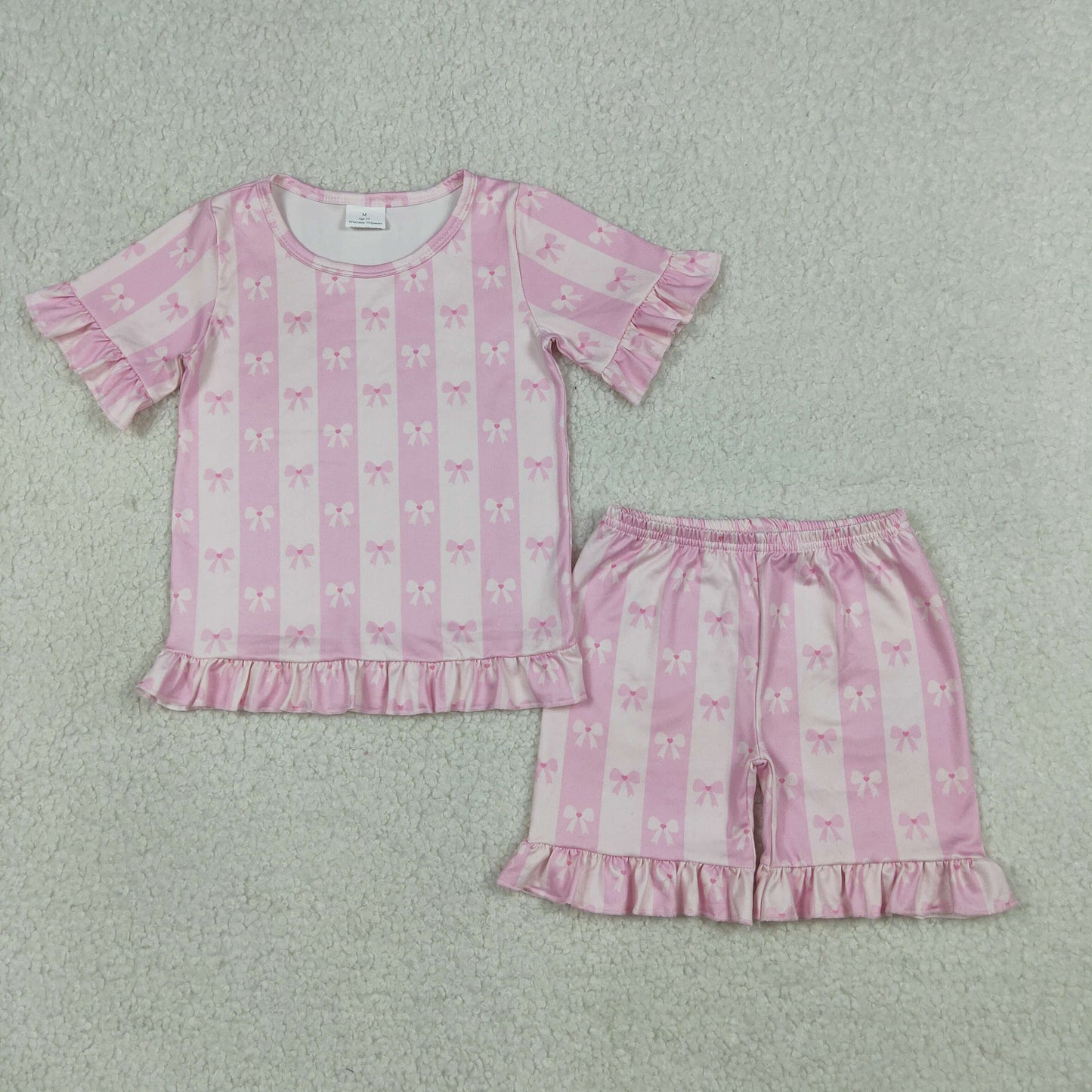 GSSO3341 Kids Baby Girls Short Sleeve Pink Bows Stripe Top Ruffle Short Clothes Set