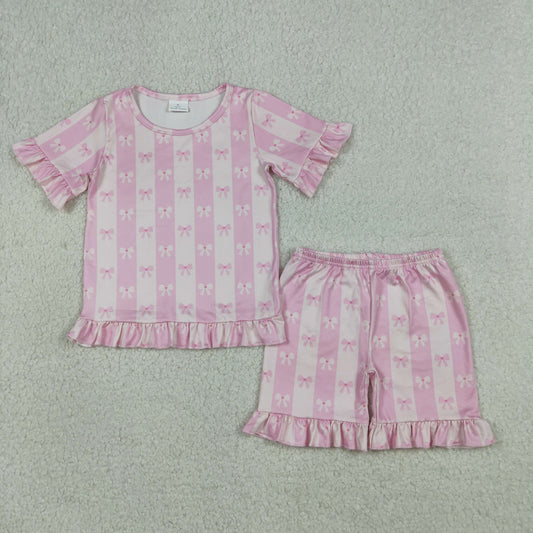 GSSO3341 Kids Baby Girls Short Sleeve Pink Bows Stripe Top Ruffle Short Clothes Set