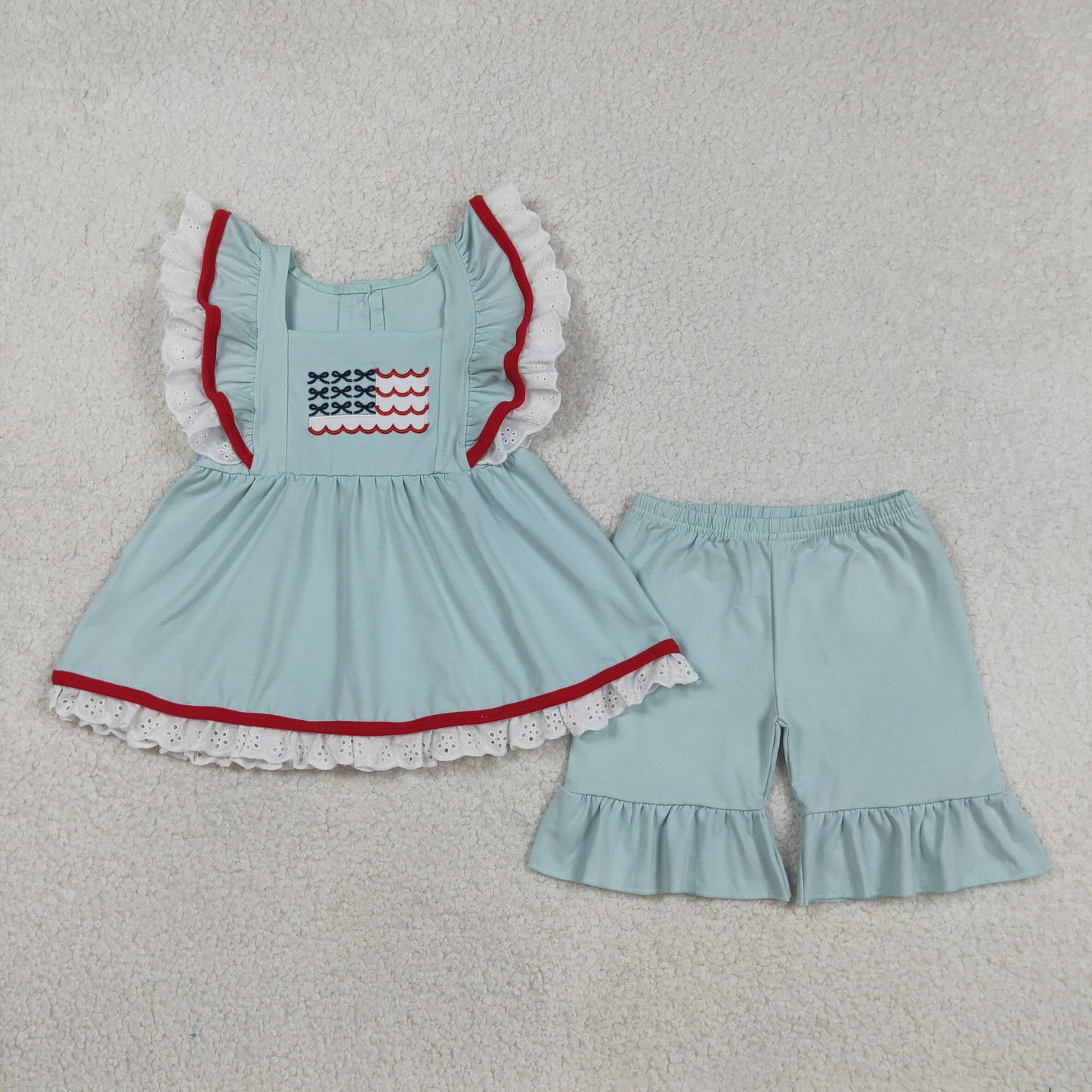 GSSO2926 Kids Embroidery Flags Baby Girl Flutter Sleeve Tunic Ruffle Shorts 4th of July Clothes Sets
