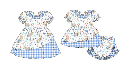 26.1.10 Custom MOQ:3 or 5 pcs each design milk silk Sibling baby girl clothes bunny floral short sleeve shorts sets and dress