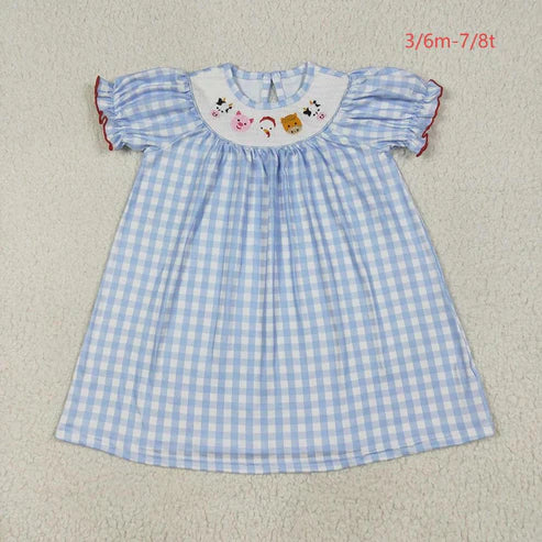 6.26 Sibling Baby Girls Blue Plaid Cows Pigs Farm Smocked Rompers Dresses