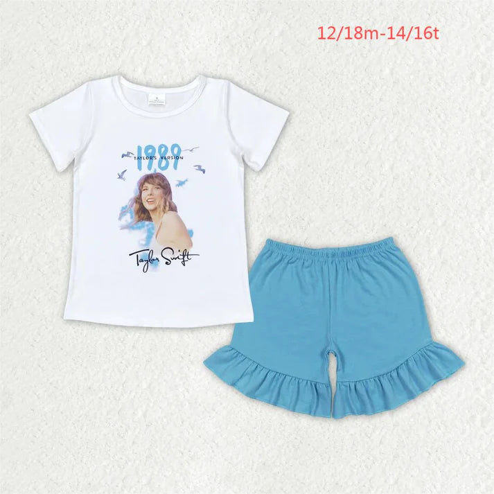 GT0531+SS0272 Baby Girls 1989 Singer White Shirt Summer Ruffle Shorts Clothes Sets