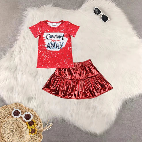 4.29 Sibling Baby Girls Short Sleeves Cow Stars Top Red Leather Skirts Western 4th Of July Sets