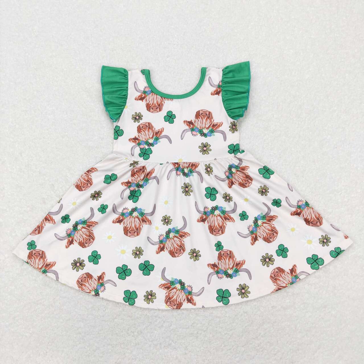 GSD0647 Alpine cow head flower four-leaf clover green flying sleeve dress