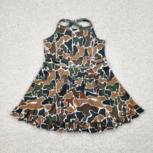 4.30 Sibling Baby Girls Strap Bows Floral Camo Print Yoga Activity Wear Ruffle Knee Length Dresses