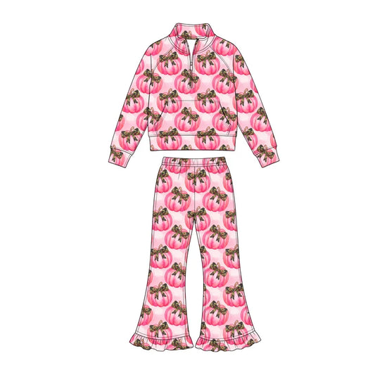 7.25 design Baby Girls Bows Pumpkins Zip Pocket Pullover Top Bell Bottom Pant Fall Clothes Sets