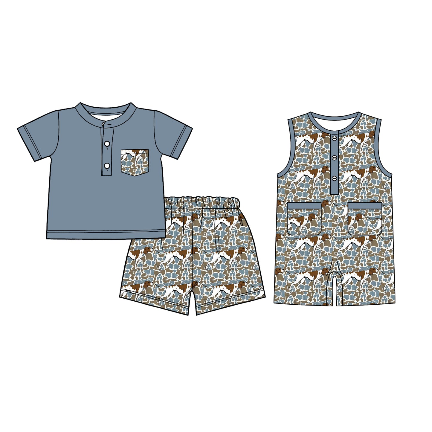 26.1.8 Custom MOQ:3 or 5 pcs each design milk silk Sibling baby boy clothes camouflage puppy short sleeve shorts sets and romper